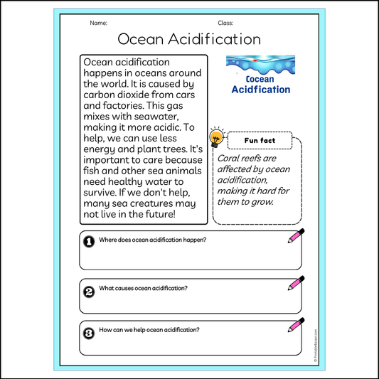 Ocean Acidification | Reading Passage Comprehension Questions Writing Facts Worksheet