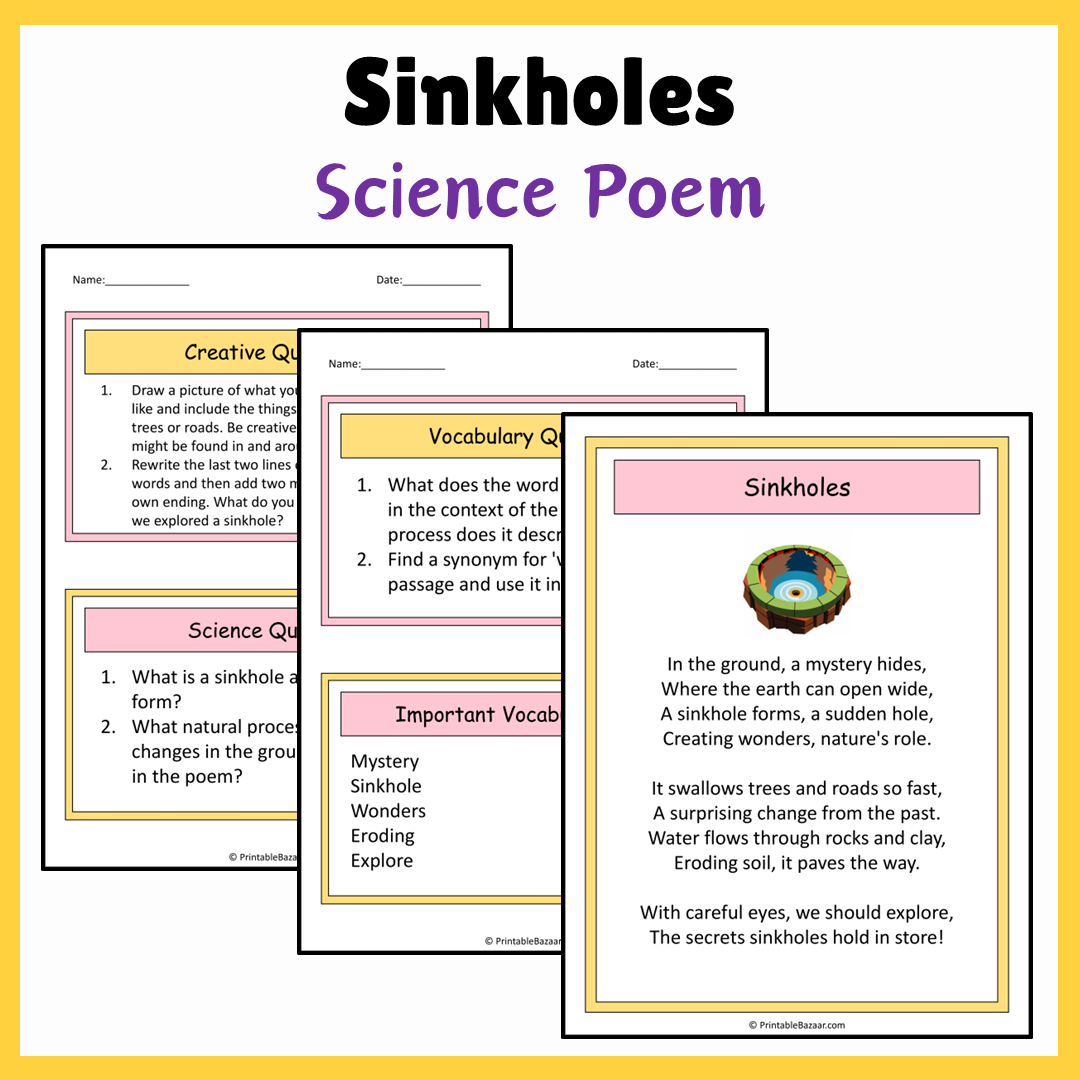 Sinkholes | Science Poem Reading Comprehension Activity