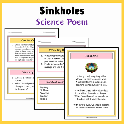 Sinkholes | Science Poem Reading Comprehension Activity