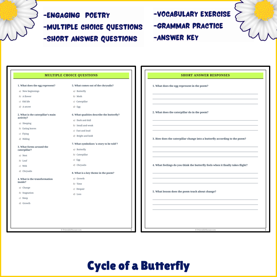 Cycle of a Butterfly | Poem Grammar Worksheet Printable Activity