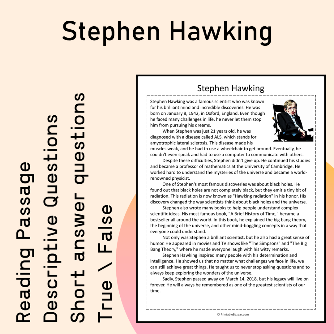 Stephen Hawking | Reading Comprehension Passage Printable Activity