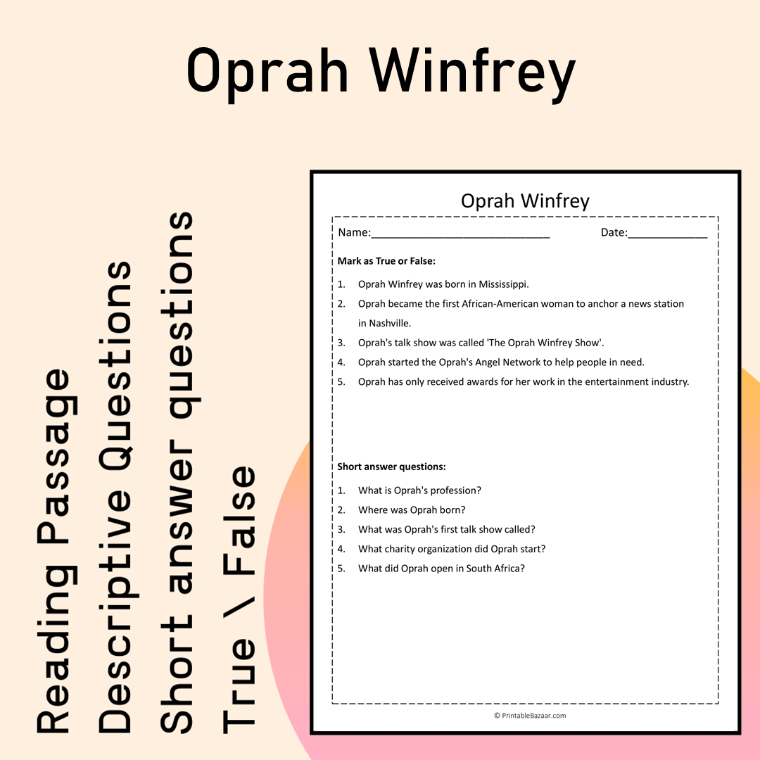Oprah Winfrey | Reading Comprehension Passage Printable Activity