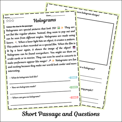 Holograms | Short Reading Comprehension Creative Worksheet