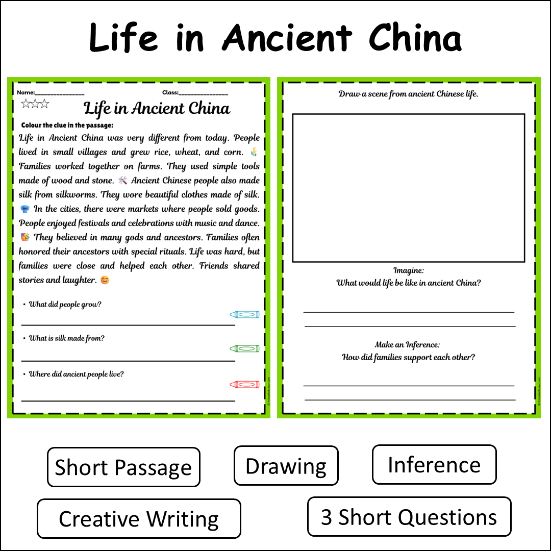 Life in Ancient China | Short Reading Comprehension Creative Worksheet