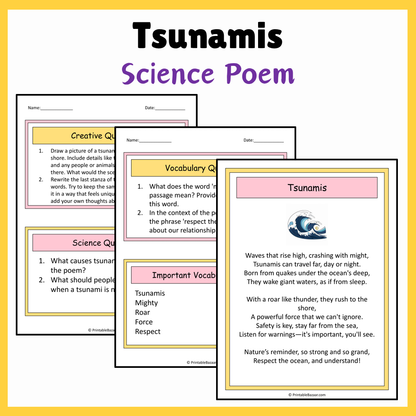 Tsunamis | Science Poem Reading Comprehension Activity