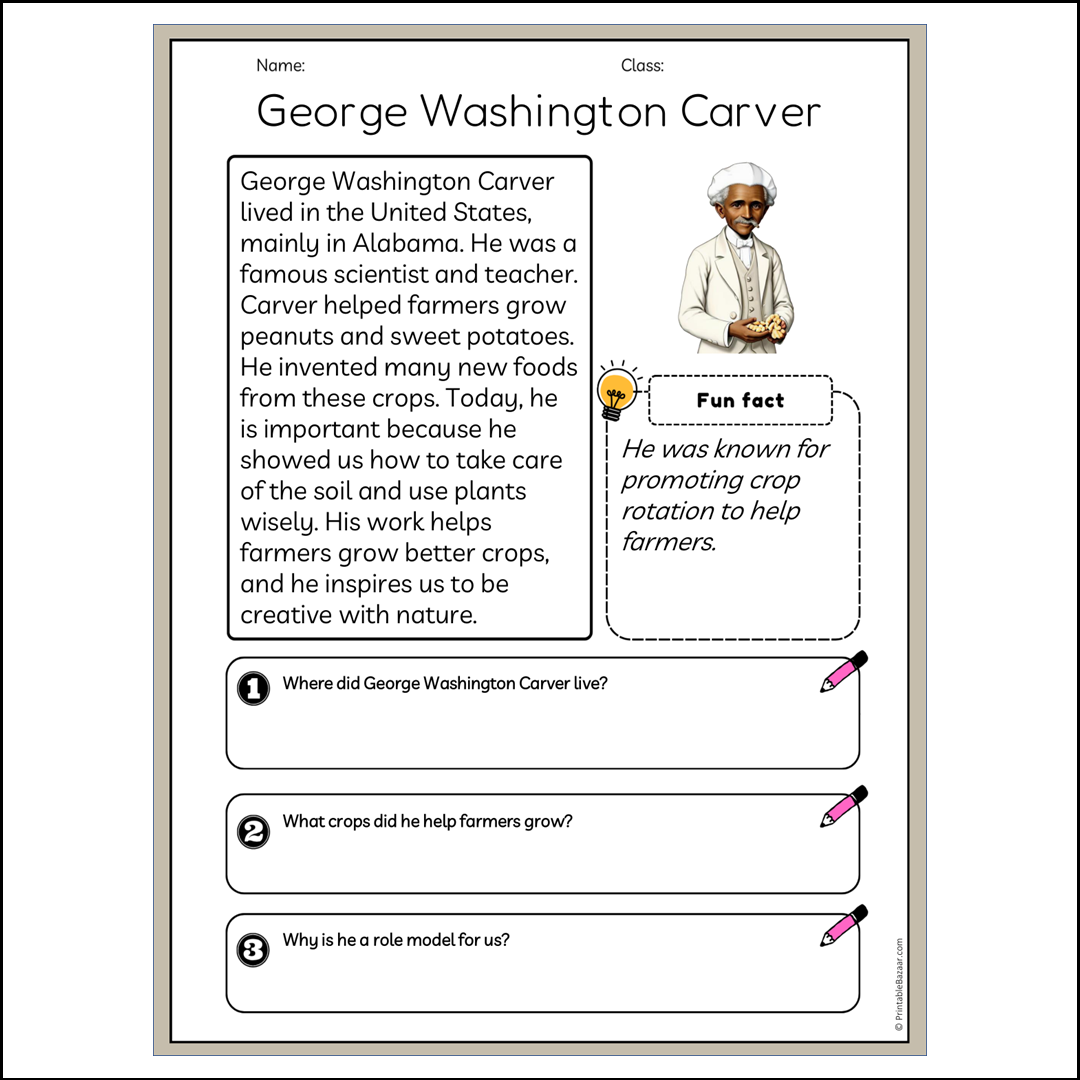 George Washington Carver | Reading Passage Comprehension Questions Writing Facts Worksheet