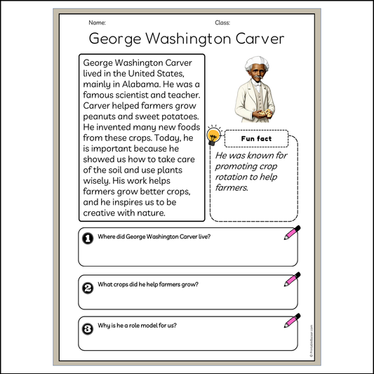 George Washington Carver | Reading Passage Comprehension Questions Writing Facts Worksheet