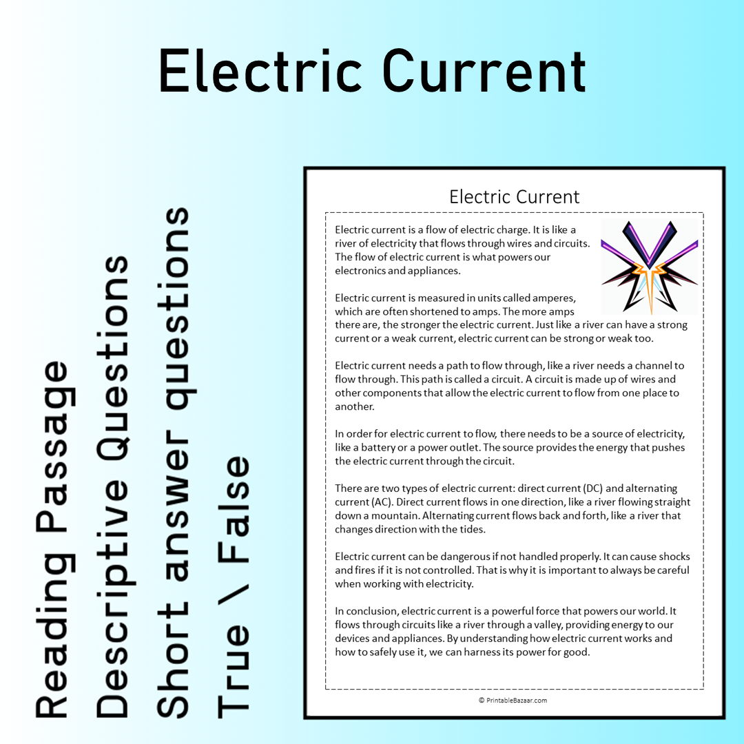 Electric Current | Reading Comprehension Passage Printable Worksheet