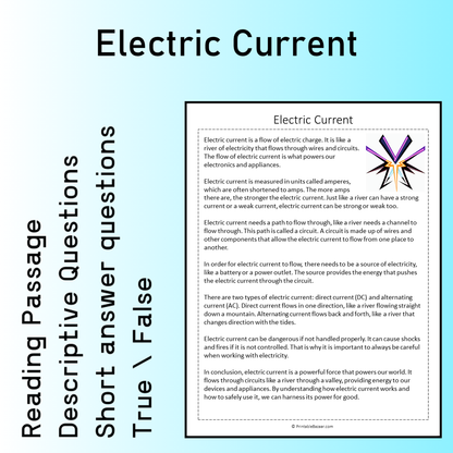 Electric Current | Reading Comprehension Passage Printable Worksheet