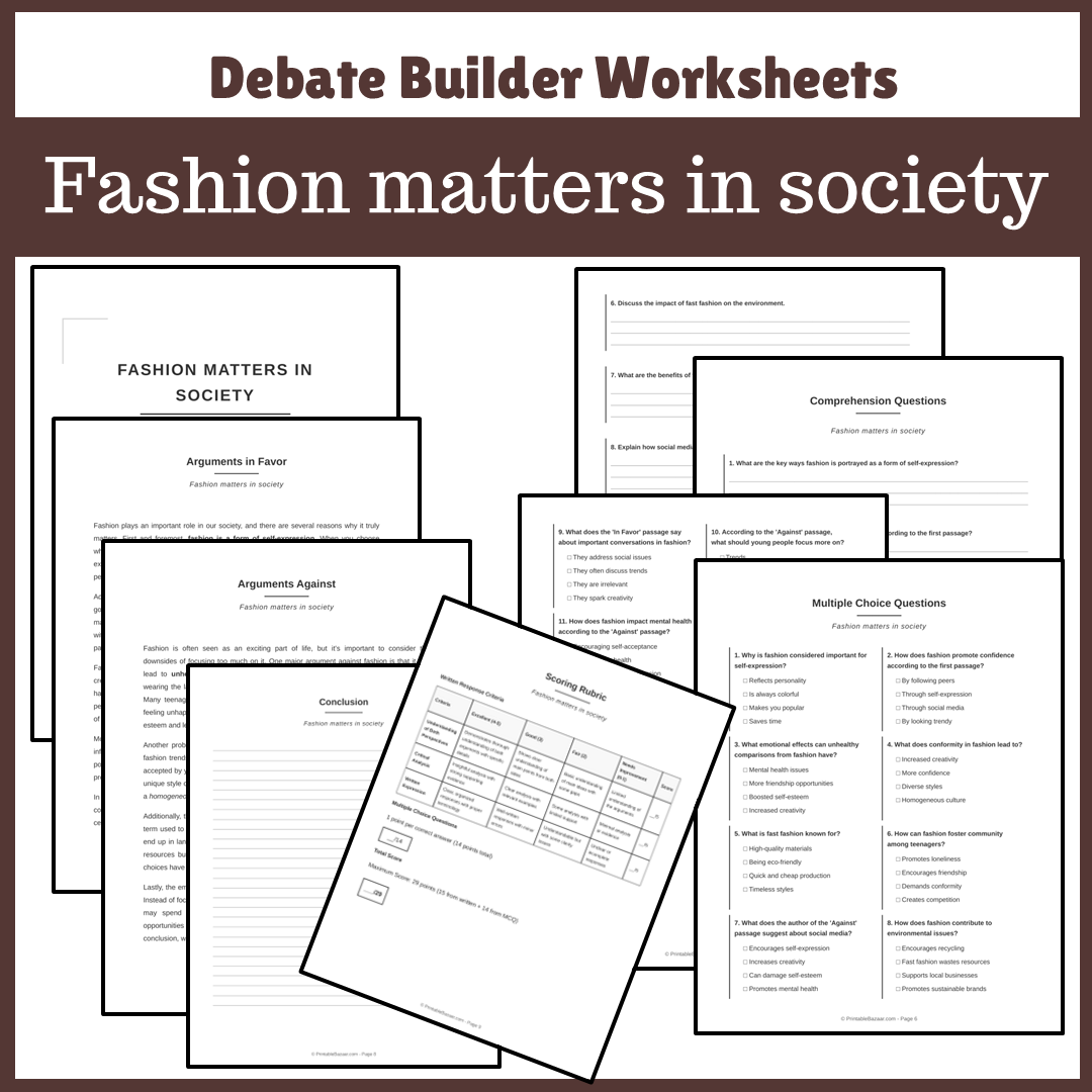 Fashion matters in society | Favour and Against Worksheet Printable Activity