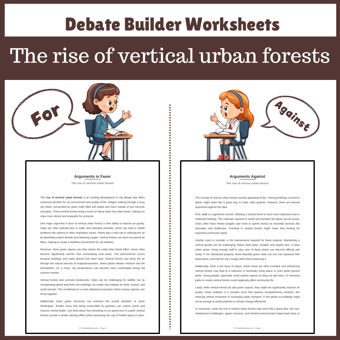 The rise of vertical urban forests | Favour and Against Worksheet Printable Activity