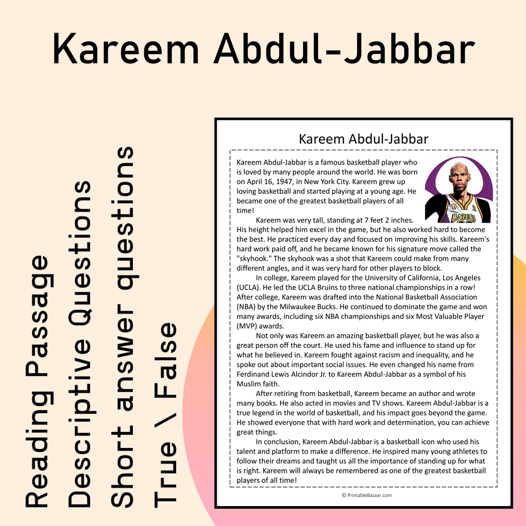 Kareem Abdul-Jabbar | Reading Comprehension Passage Printable Activity