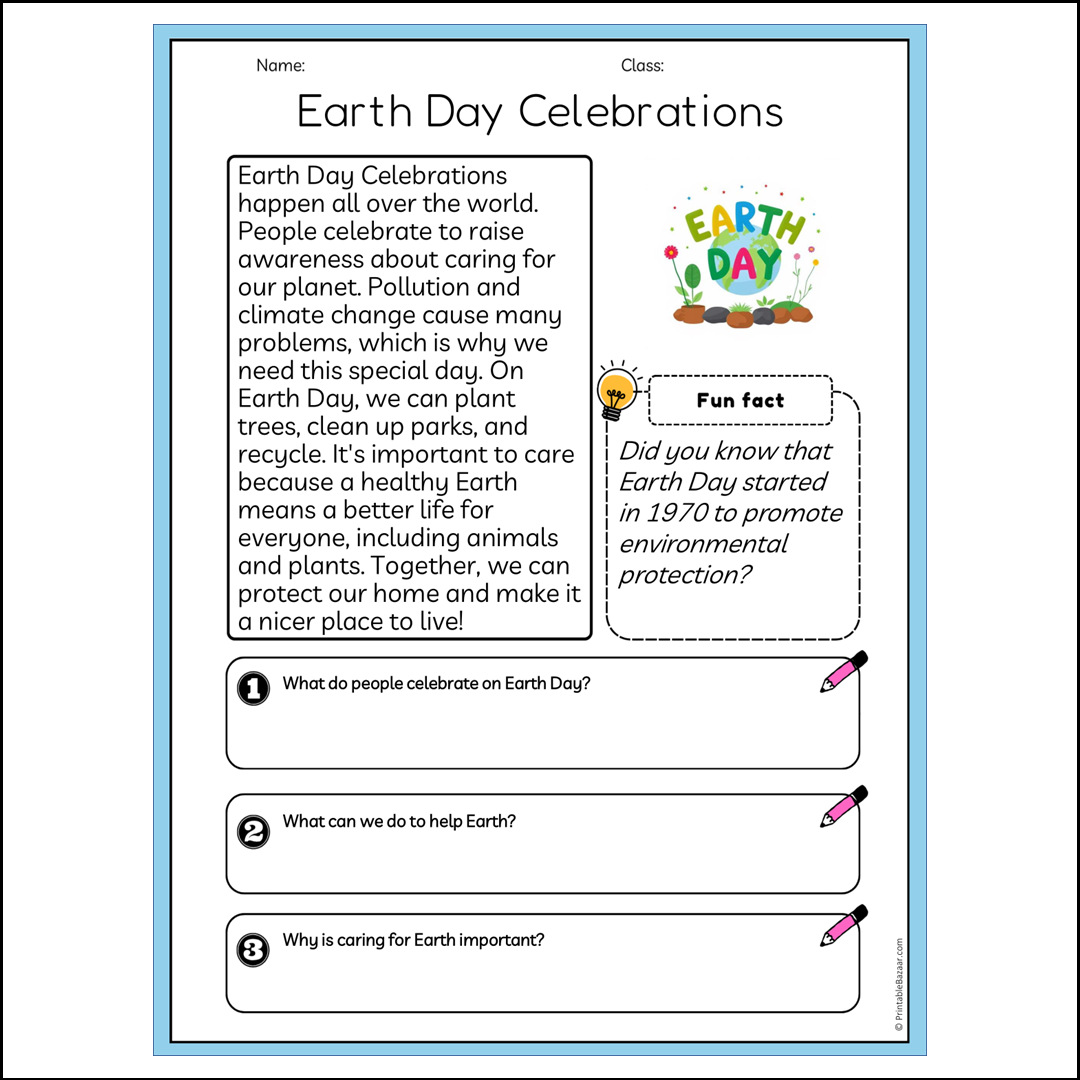 Earth Day Celebrations | Reading Passage Comprehension Questions Writing Facts Worksheet