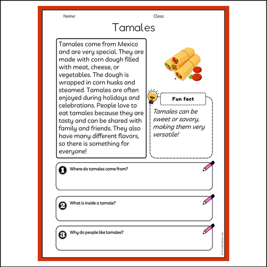 Tamales | Reading Passage Comprehension Questions Writing Facts Worksheet