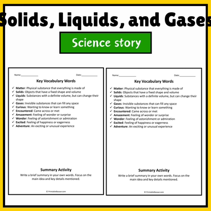 Solids, Liquids, and Gases | Science Story Reading Comprehension Activity