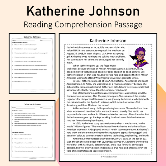 Katherine Johnson | Reading Comprehension Passage Printable Activity