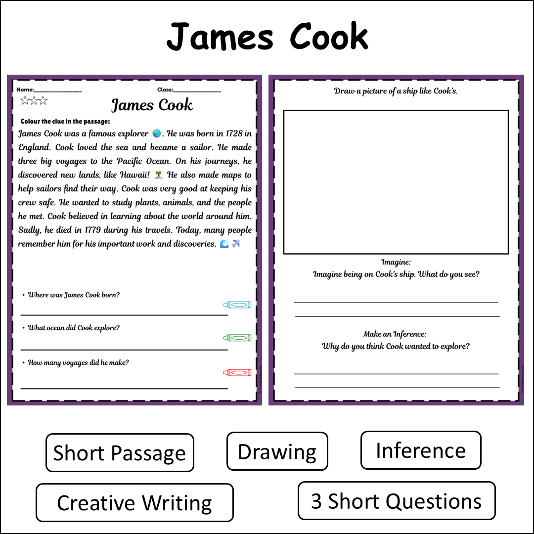 James Cook | Short Reading Comprehension Creative Worksheet