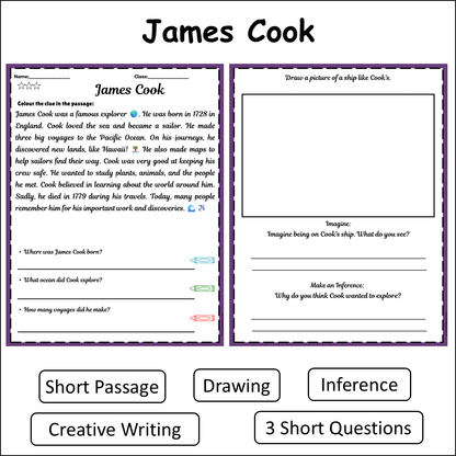 James Cook | Short Reading Comprehension Creative Worksheet