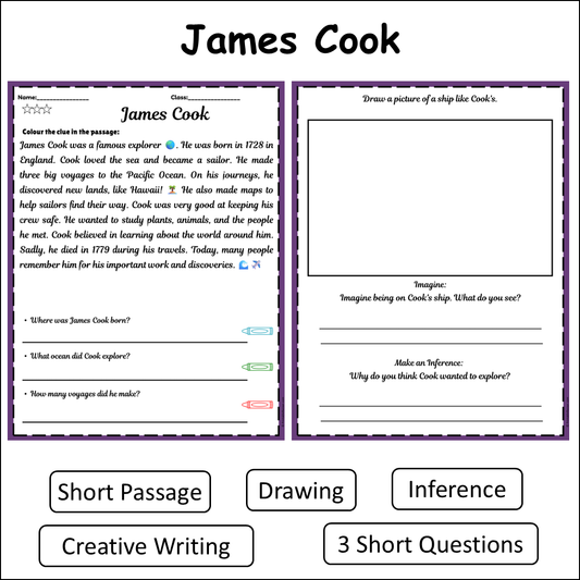 James Cook | Short Reading Comprehension Creative Worksheet