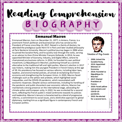 Emmanuel Macron | Biography Reading Comprehension and Questions Worksheet