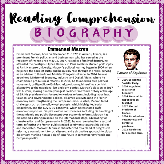 Emmanuel Macron | Biography Reading Comprehension and Questions Worksheet