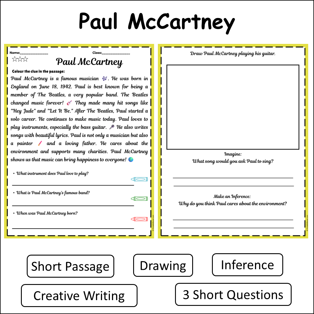 Paul McCartney | Short Reading Comprehension Creative Worksheet