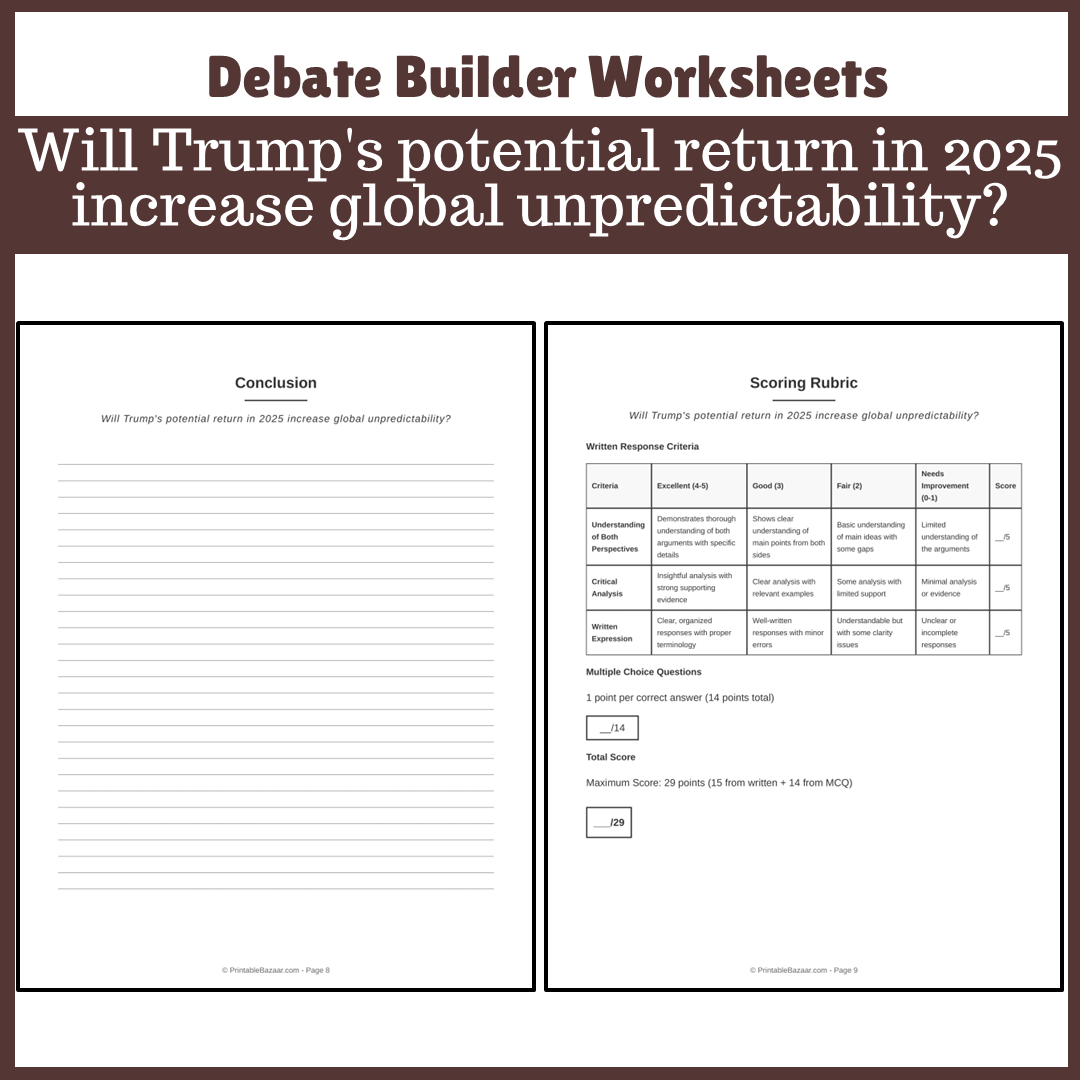 Will Trump's potential return in 2025 increase global unpredictability? | Favour and Against Worksheet Printable Activity