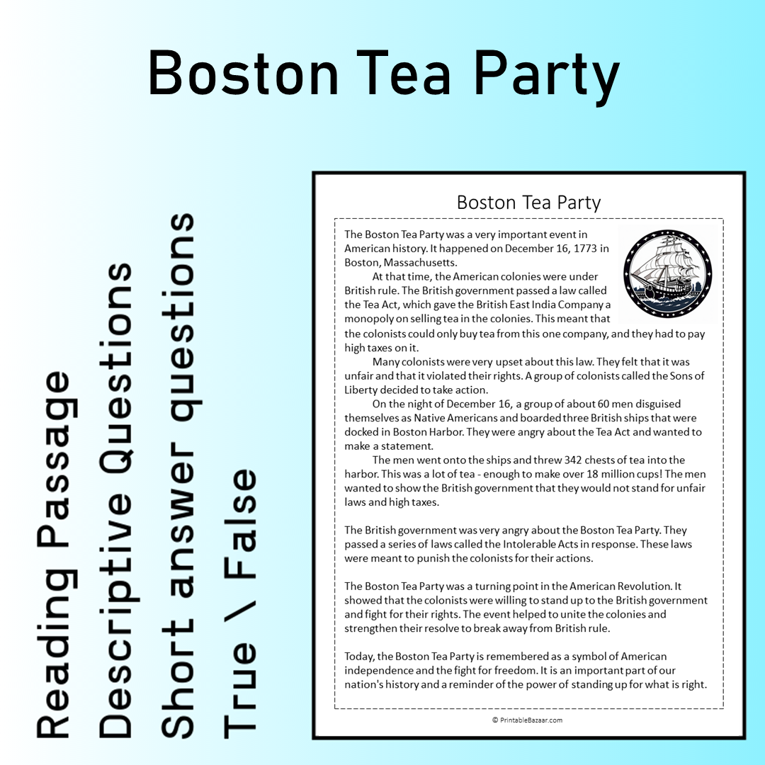 Boston Tea Party | Reading Comprehension Passage Printable Worksheet