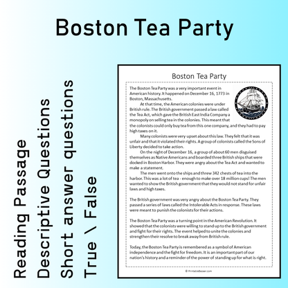 Boston Tea Party | Reading Comprehension Passage Printable Worksheet