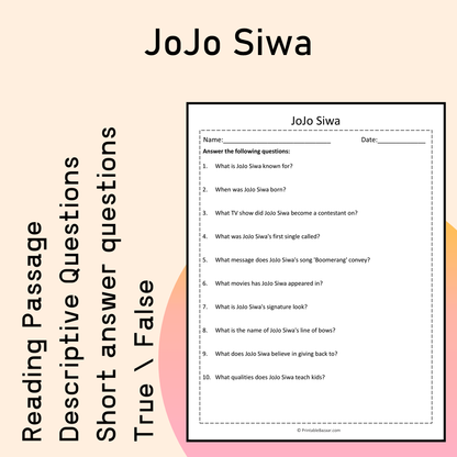JoJo Siwa | Reading Comprehension Passage Printable Activity