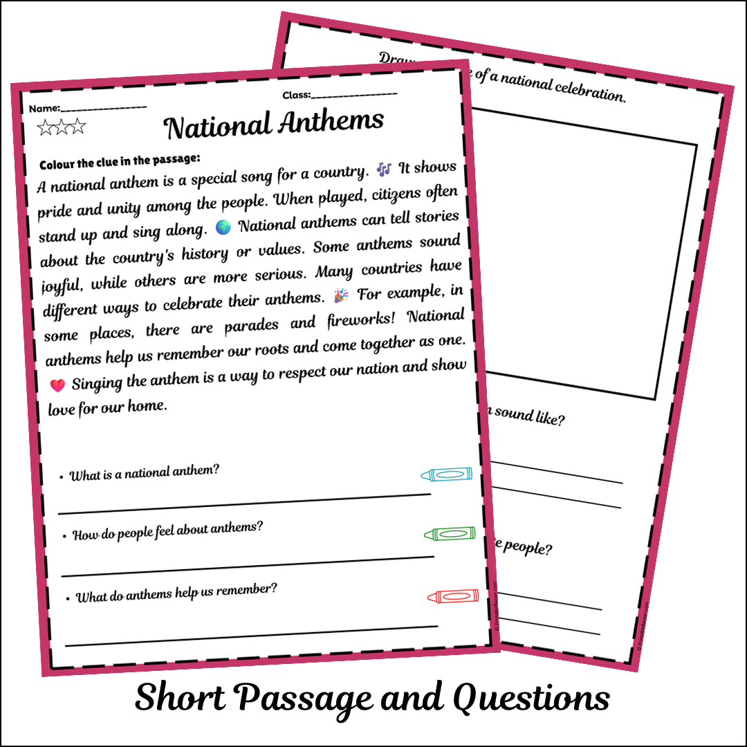 National Anthems | Short Reading Comprehension Creative Worksheet