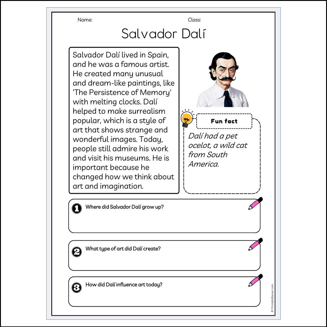 Salvador Dalí | Reading Passage Comprehension Questions Writing Facts Worksheet