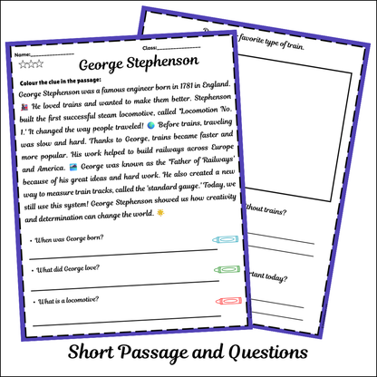 George Stephenson | Short Reading Comprehension Creative Worksheet