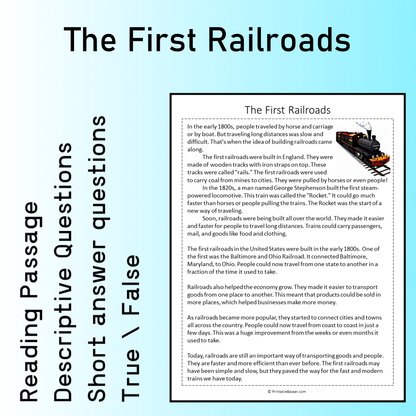 The First Railroads | Reading Comprehension Passage Printable Worksheet