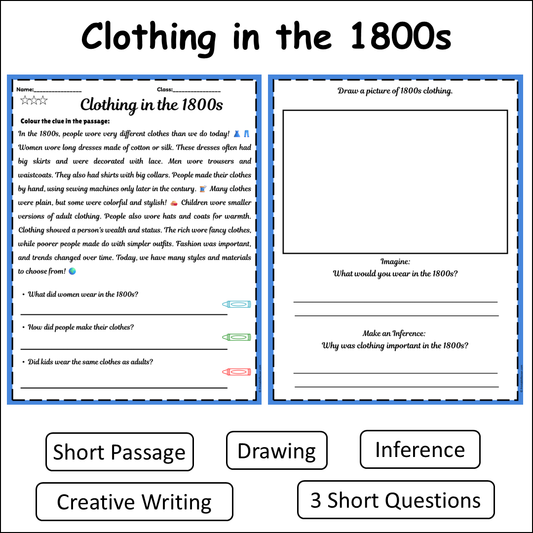 Clothing in the 1800s | Short Reading Comprehension Creative Worksheet