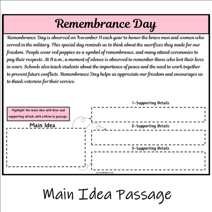 Remembrance Day | Main Idea and Supporting Details Reading Passage and Questions