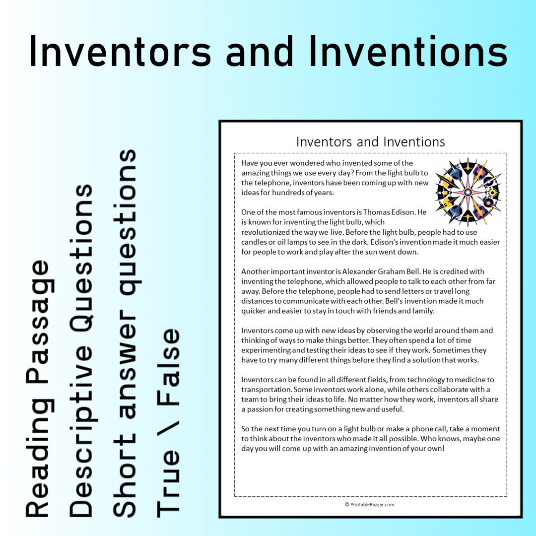 Inventors and Inventions | Reading Comprehension Passage Printable Worksheet