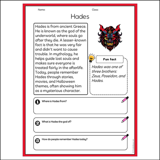 Hades | Reading Passage Comprehension Questions Writing Facts Worksheet