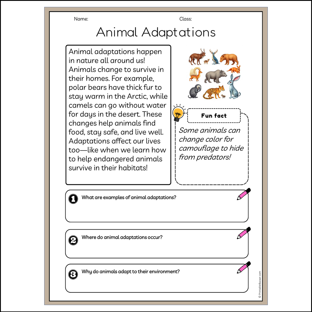 Animal Adaptations | Reading Passage Comprehension Questions Writing Facts Worksheet