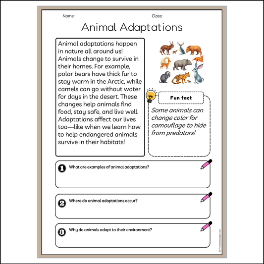 Animal Adaptations | Reading Passage Comprehension Questions Writing Facts Worksheet