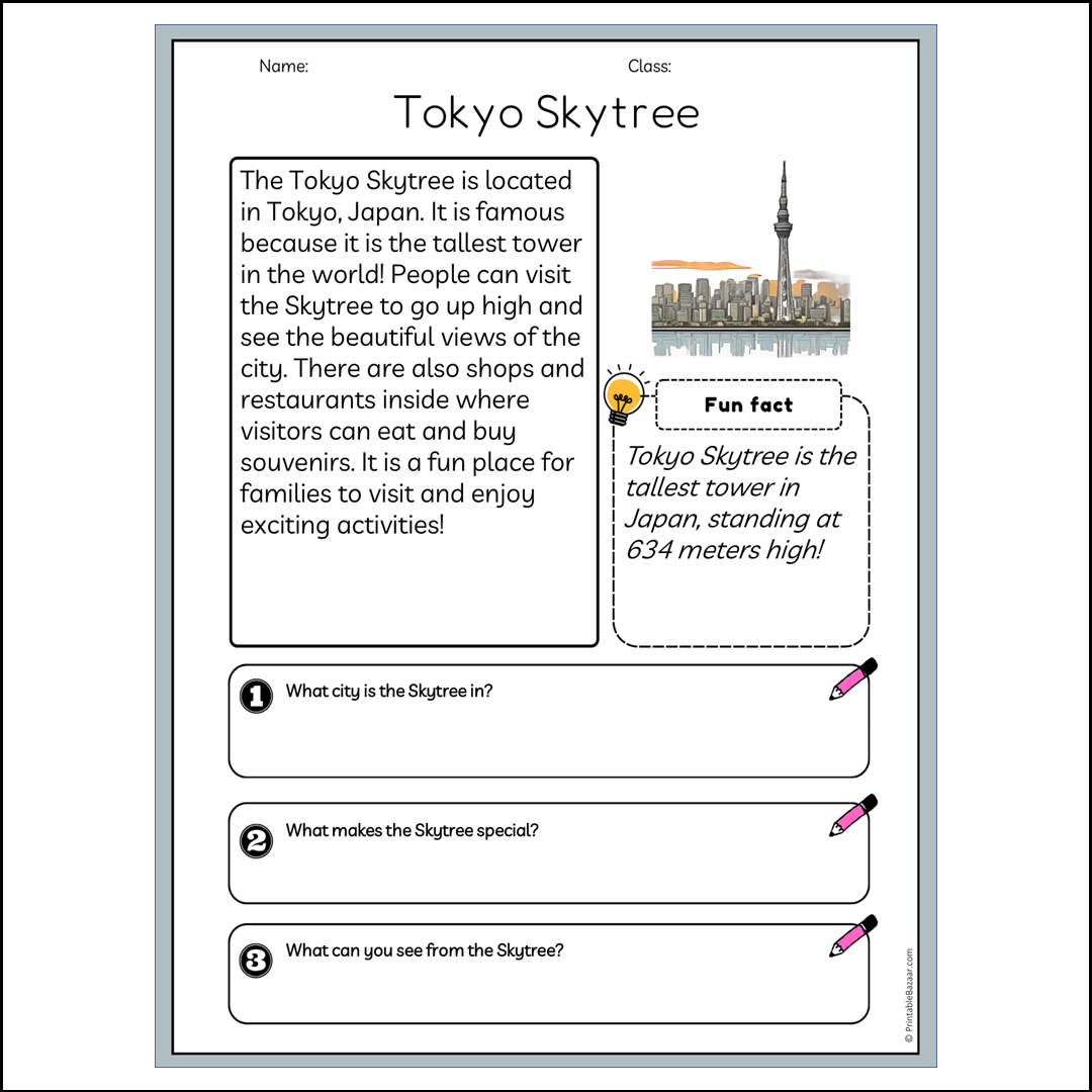 Tokyo Skytree | Reading Passage Comprehension Questions Writing Facts Worksheet