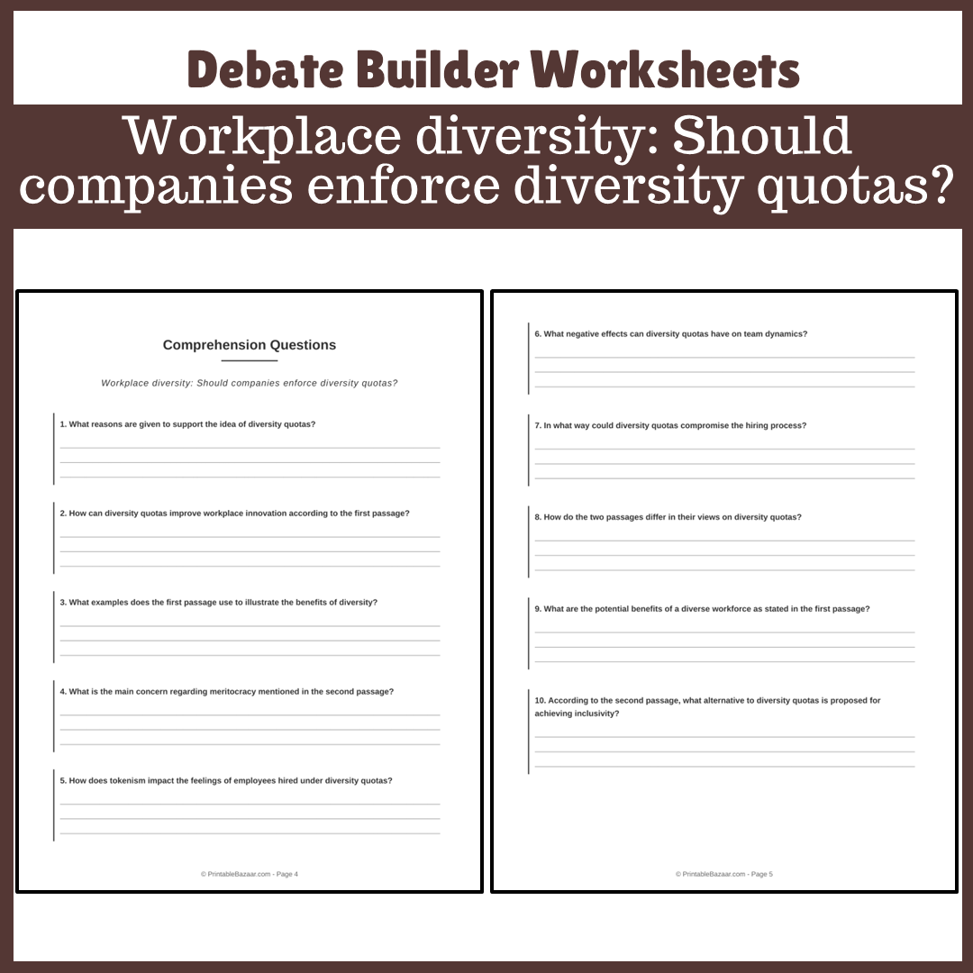 Workplace diversity: Should companies enforce diversity quotas? | Favour and Against Worksheet Printable Activity