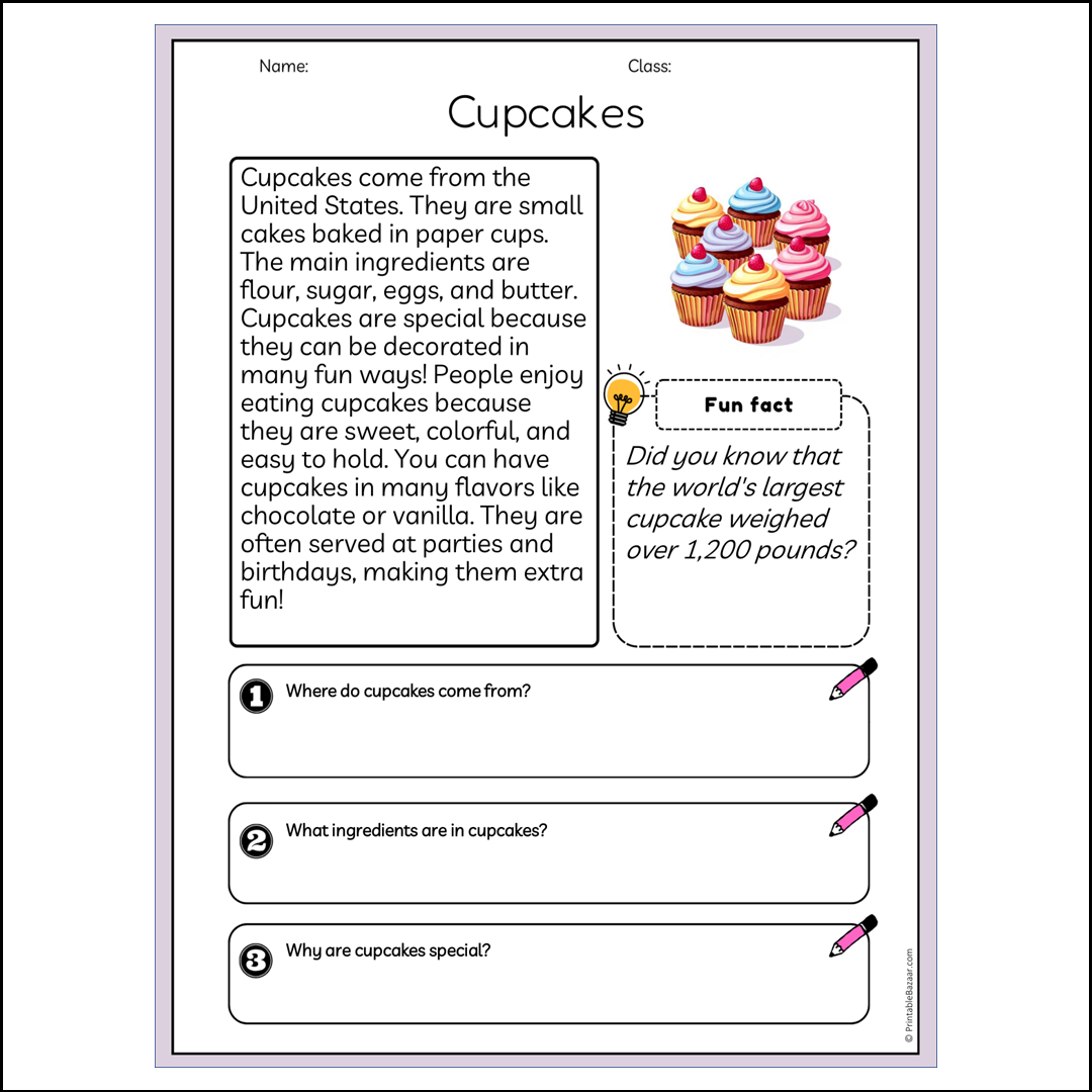 Cupcakes | Reading Passage Comprehension Questions Writing Facts Worksheet