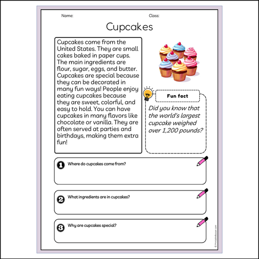 Cupcakes | Reading Passage Comprehension Questions Writing Facts Worksheet