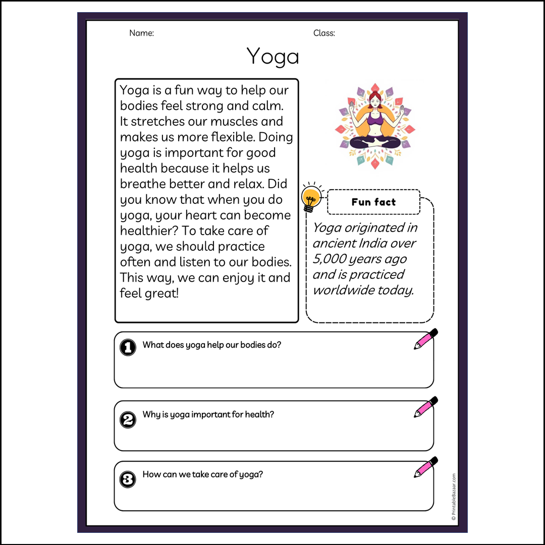 Yoga | Reading Passage Comprehension Questions Writing Facts Worksheet