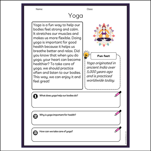 Yoga | Reading Passage Comprehension Questions Writing Facts Worksheet