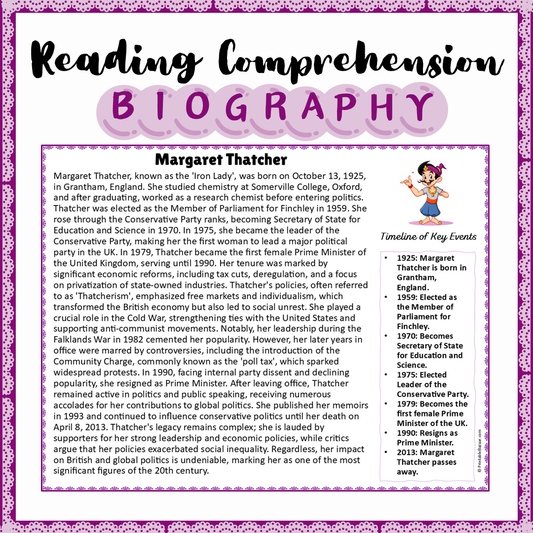 Margaret Thatcher | Biography Reading Comprehension and Questions Worksheet