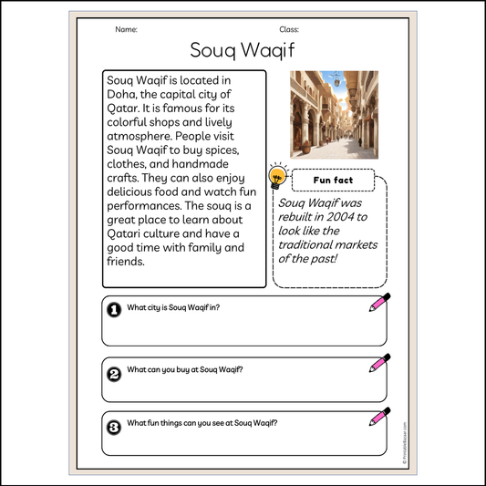 Souq Waqif | Reading Passage Comprehension Questions Writing Facts Worksheet