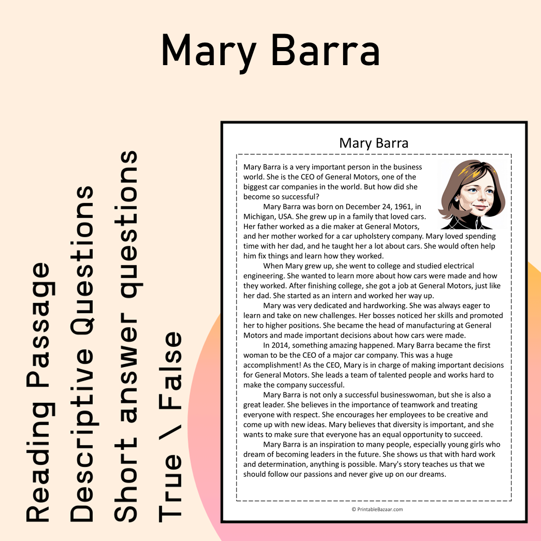 Mary Barra | Reading Comprehension Passage Printable Activity