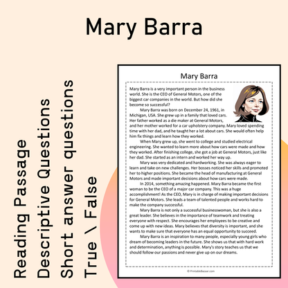 Mary Barra | Reading Comprehension Passage Printable Activity